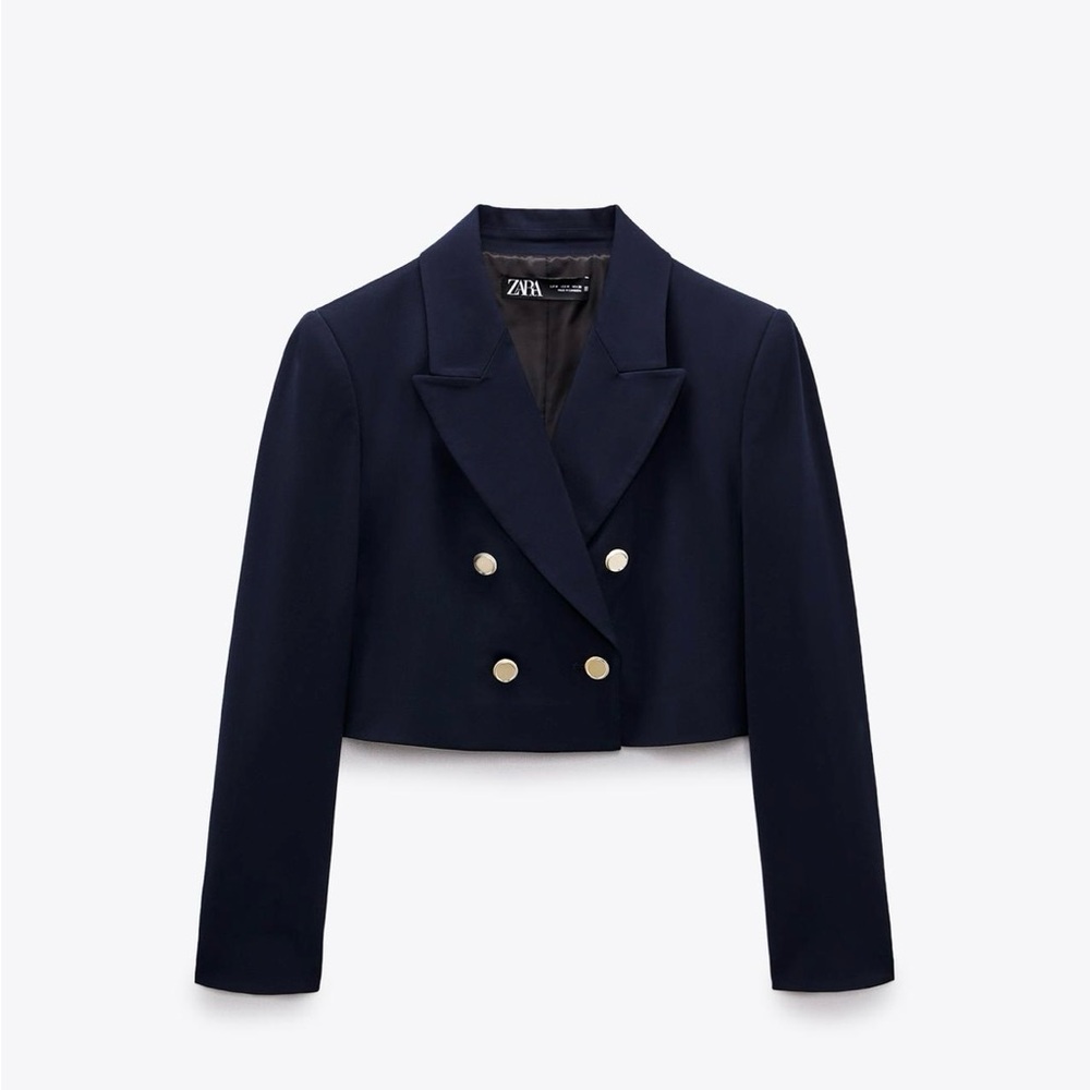 Zara Women's Dark Blue Cropped Blazer with Gold Buttons